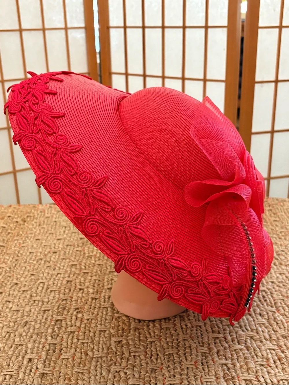 Wide-Brim Decorative Red Women's Hat with Braided Trim & Tulle Flower